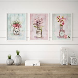 May include: Three framed watercolour prints of floral arrangements in vintage bottles. The prints feature pink and white flowers, and the bottles have labels with French text. The prints are displayed on a white shiplap wall with a wooden shelf below.