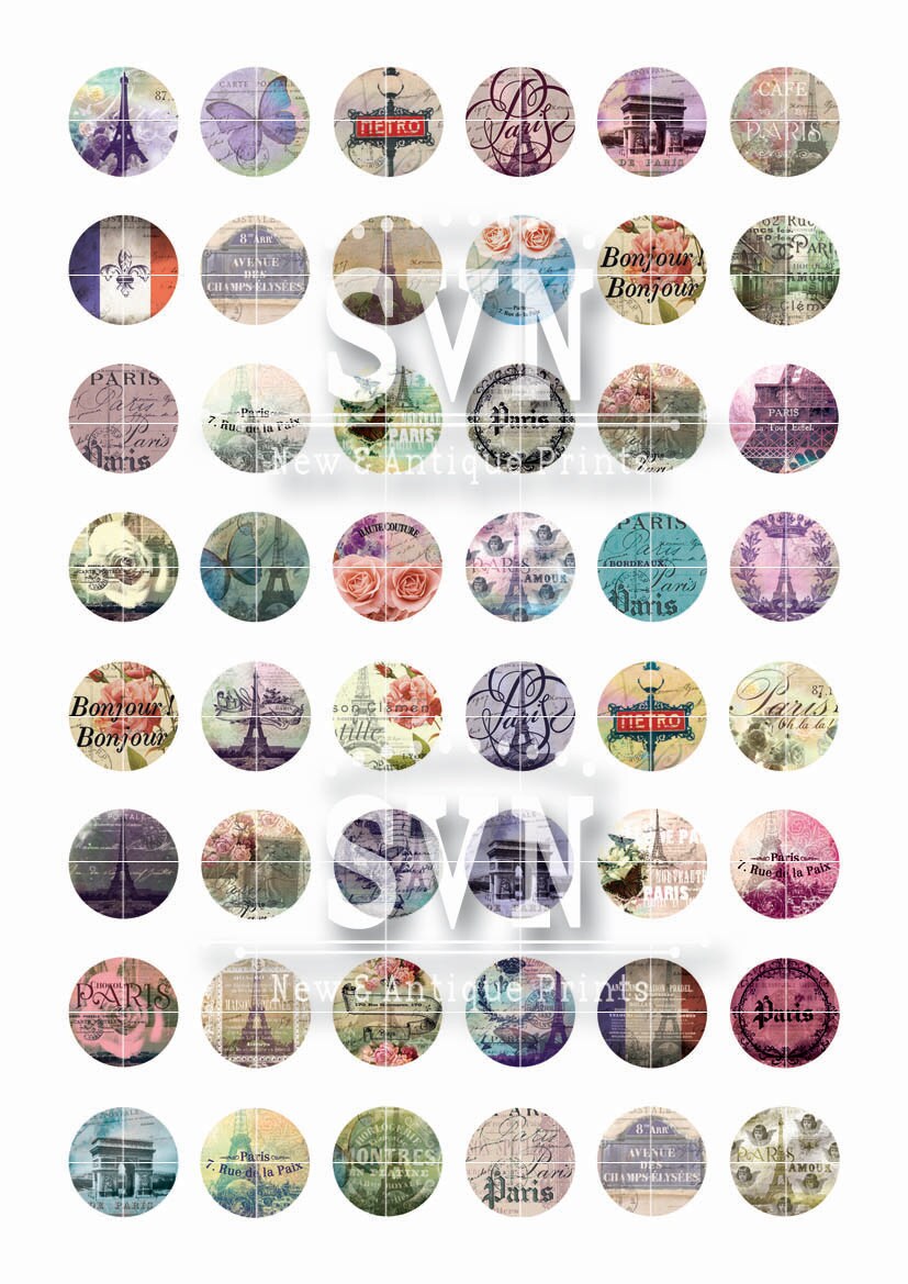 Paris - 1 Inch Circles - Digital Collage Sheet - Instant Download ...