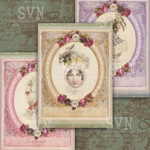 Op de afbeelding: Vier vintage illustraties van vrouwen die uitgebreide hoeden en hoofdtooien dragen. Elke illustratie is omlijst met een decoratieve rand en bloemmotieven. De tekst "LE PORTRAIT" staat onderaan elke afbeelding.