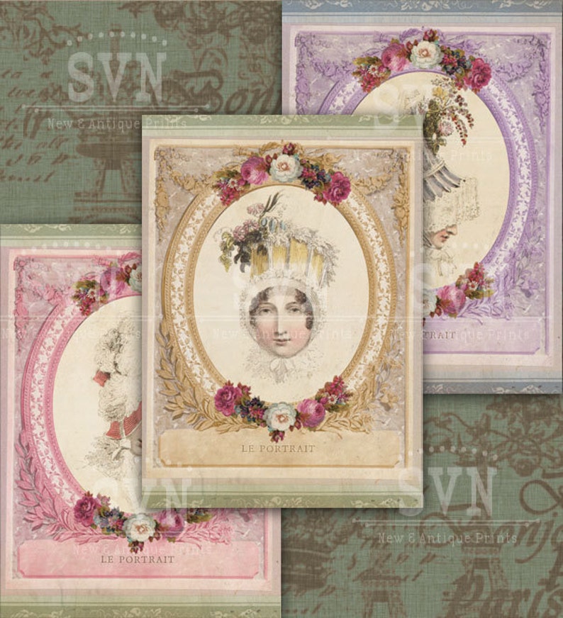 May include: Four vintage illustrations of women wearing elaborate hats and headwear. Each illustration is framed with a decorative border and floral accents. The text "LE PORTRAIT" appears at the bottom of each image.