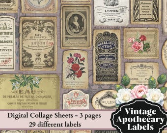 Vintage Apothecary Labels: Cosmetic Ephemera, Floral Collage (Digital Download)