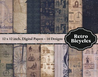 0182 Bicicletas Triciclos Vintage- 12 x 12 pulgadas. - 14 Papeles digitales - Descarga Instantánea - Scrapbook Digital -