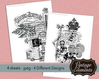 0235 Vintage elements Black & White - Collage Sheet - 4 different images - Digital Download - Printable - Instant Download