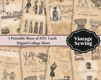 0160 - Sewing ATC Cards - 1 A4 Printable Collage Sheet - Instant Download - tags digital image paper craft scrapbook