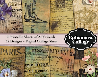 Colagem de itens efêmeros: cartões ATC para impressão, papel para scrapbook (download digital)