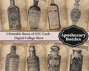0158 - Boticario vintage 16 botellas - hoja de Collage Digital tarjetas ATC imprimible 2 - Ideal para Scrapbooking