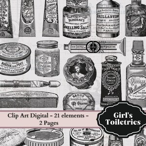 May include: A collection of vintage black and white illustrations of toiletries and beauty products. The images include bottles, jars, boxes, and tubes of various shapes and sizes. Some of the products are labelled with text, such as "Rose Lip Salve", "Smelling Salts", and "Talcum Powder".
