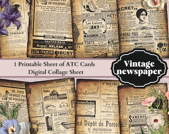 Vintage Franse krantenadvertenties - 9 afdrukbare ATC-kaarten digitaal collageblad - ideaal voor scrapbooking