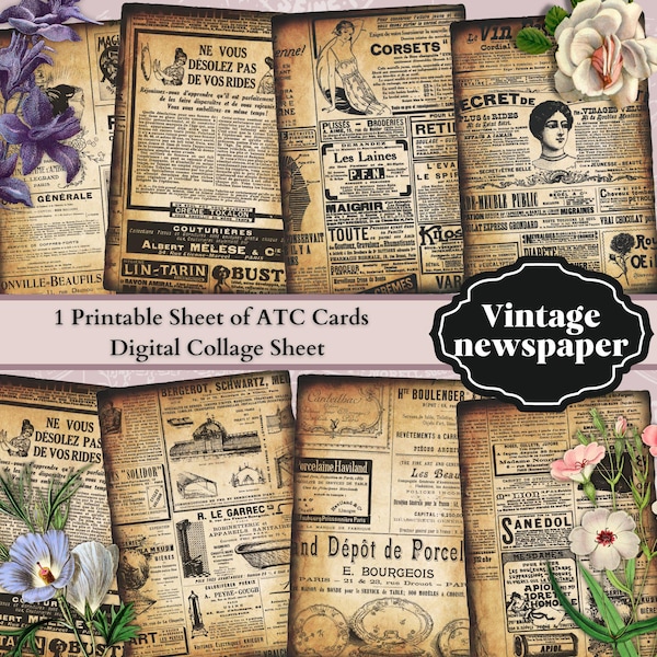 Anuncios franceses de Periódico antiguo - 9 diseños para imprimir -  Collage digital ATC Tarjetas Hoja - Ideal para álbum de recortes