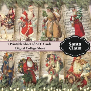 0145 - 9 Papai Noel Vintage - 9 Cartões ATC para Impressão Folha de Colagem Digital - Ótimo para Scrapbooking