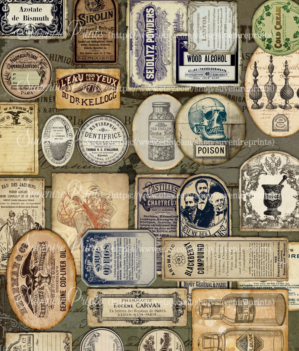 Vintage Apothecary Labels - Medical Labels - 3 A4 - 33 labels - Digital collage sheet - Instant Download -