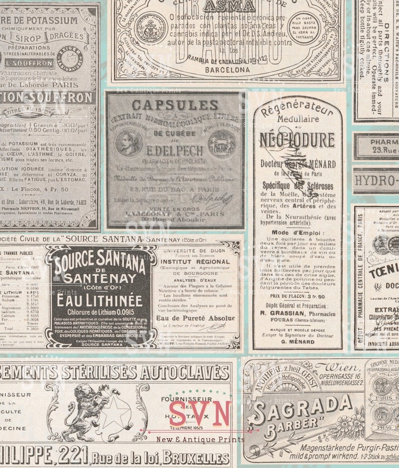 Antique European Apothecary Labels 1 A4 digital collage sheet Instant Download image 1