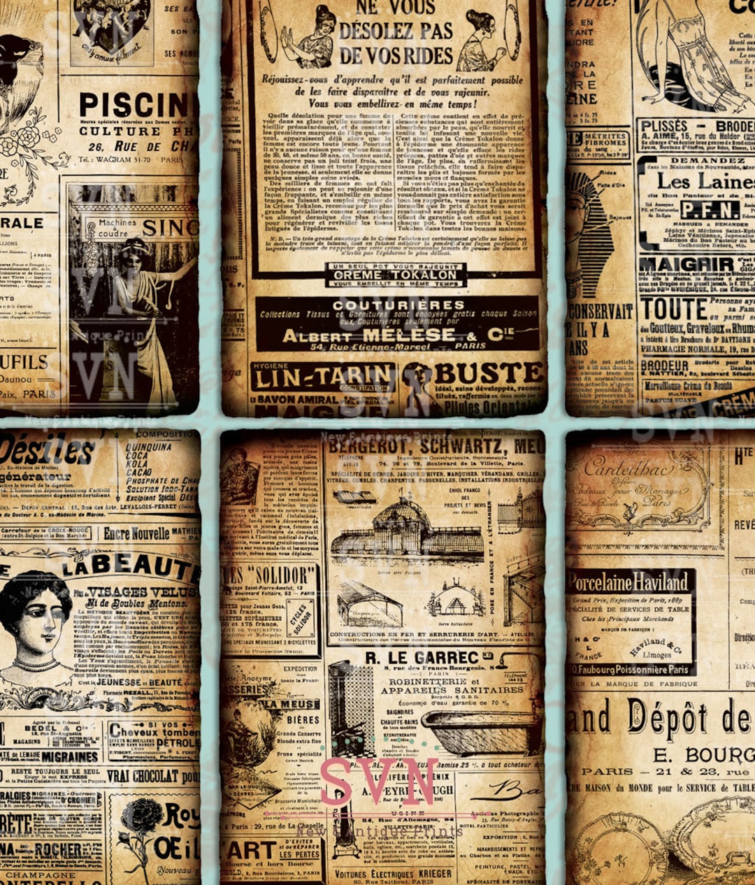 Vintage French Newspaper Ads 9 Printable ATC Cards Digital Collage