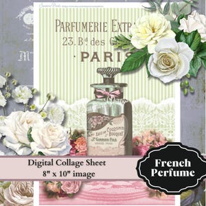 以下が含まれることがあります： ヴィンテージの香水瓶と「PARFUMERIE EXTRA 23. Bd des C PARIS」というテキストが描かれた、花柄のデジタルコラージュシート。白いバラとレース模様も含まれています。シートのサイズは8インチ×10インチです。