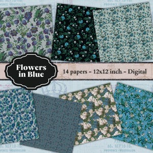0220 Flowers in Blue - 12 x 12 inch. - 14 digital Papers - Instant Download - Digital Scrapbook - image 3