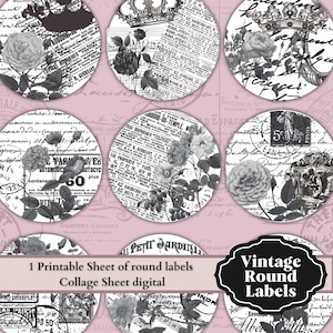 0241 Shabby Chic Etiketten - 12 Kreise - 6,5 x 6,5 cm - Digitales Kreisbild - Digital Collage Sheet - Sofort Download - Für Scrapbooking