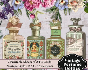 0209 Vintage Perfume Bottles - French Vintage Style - 2 A4 - 16 elements - Digital collage sheet - Instant Download -