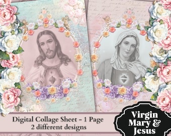 SHABBY CHIC - Virgen María y Jesucristo - católica inspiración - imagen religiosa Collage Digital imprimible hoja descargar.