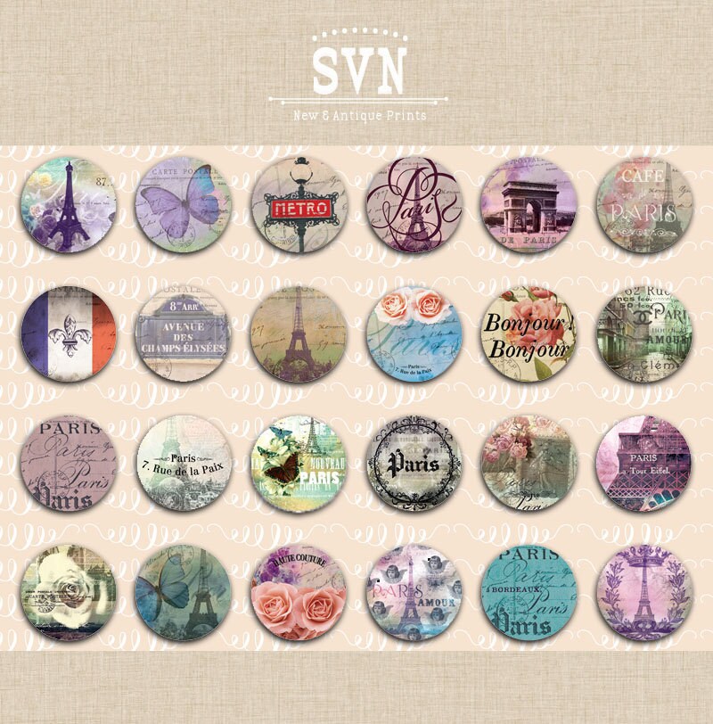 Paris - 1 Inch Circles - Digital Collage Sheet - Instant Download ...