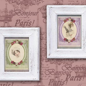 May include: Two white picture frames with ornate designs, each containing a vintage print of a woman in a white dress and a floral wreath. The background is a pink and white patterned wallpaper with the text "Bonjour Paris!" repeated.