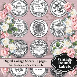0229 Shabby Chic Etiketten - 24 Kreise - 6,5 x 6,5 cm - Digitales Kreisbild - Digital Collage Sheet - Sofort Download - Für Scrapbooking