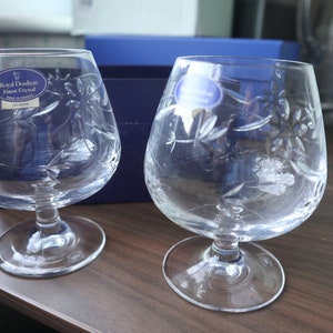 Two Royal Doulton &quot;Jasmine&quot; Brandy Glasses 4.7/8&quot; tall Superb Condition + Labels + Box