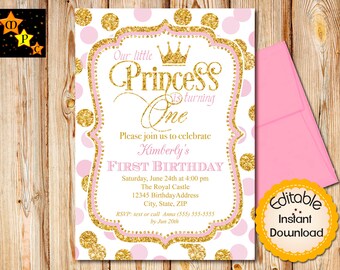 pink and gold first birthday invitations etsy