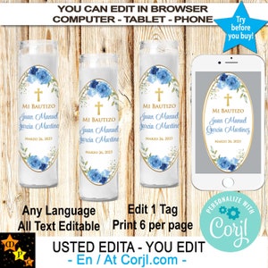 Étiquettes de bougie de prière de baptême Mi Bautizo, roses bleues, or, garçon, édition en Corjl, téléchargement immédiat depuis Corjl, imprimable