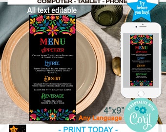 Mexican Style Menu, Editable, Flowers, All Text Editable, Any Language, EDIT in Corjl, INSTANT download from Corjl, Printable, K101, 4x9