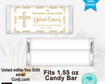 Spanish First Communion Chocolate Wrapper, Gold, fits 1.55oz Bar, Edit & Download in Corjl