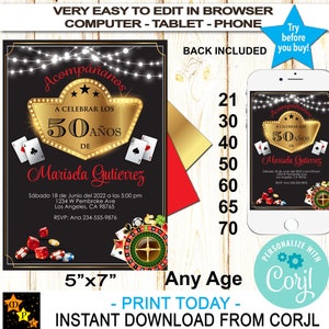 Spanish Birthday Casino Invitation, Any Age, Instant Download from Corjl, DIY, Printable, Edit in Corjl 5x7