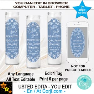 Mi Bautizo Cielito Lindo Baptism Candle Labels, Blue White, Mexican Theme, Editable, Printable, Edit and Download in Corjl