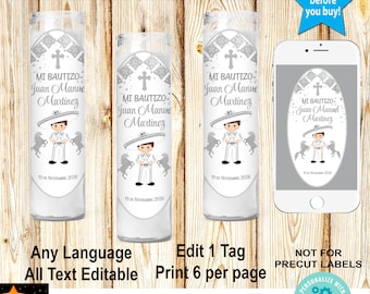 Mi Bautizo Baptism Candle Labels, Silver Toddler Charro, SIlver Confetti, Instant Download from Corjl, Edit in Corjl, Printable