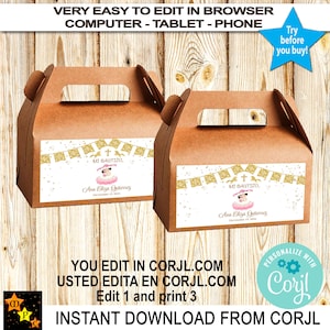 Mi Bautizo Baptism Gift Box Labels Mexican Theme, Charra, Girl, Printable, Gold, Gable Box, Edit and Print in Corjl, 6&quot; x 3.5&quot;