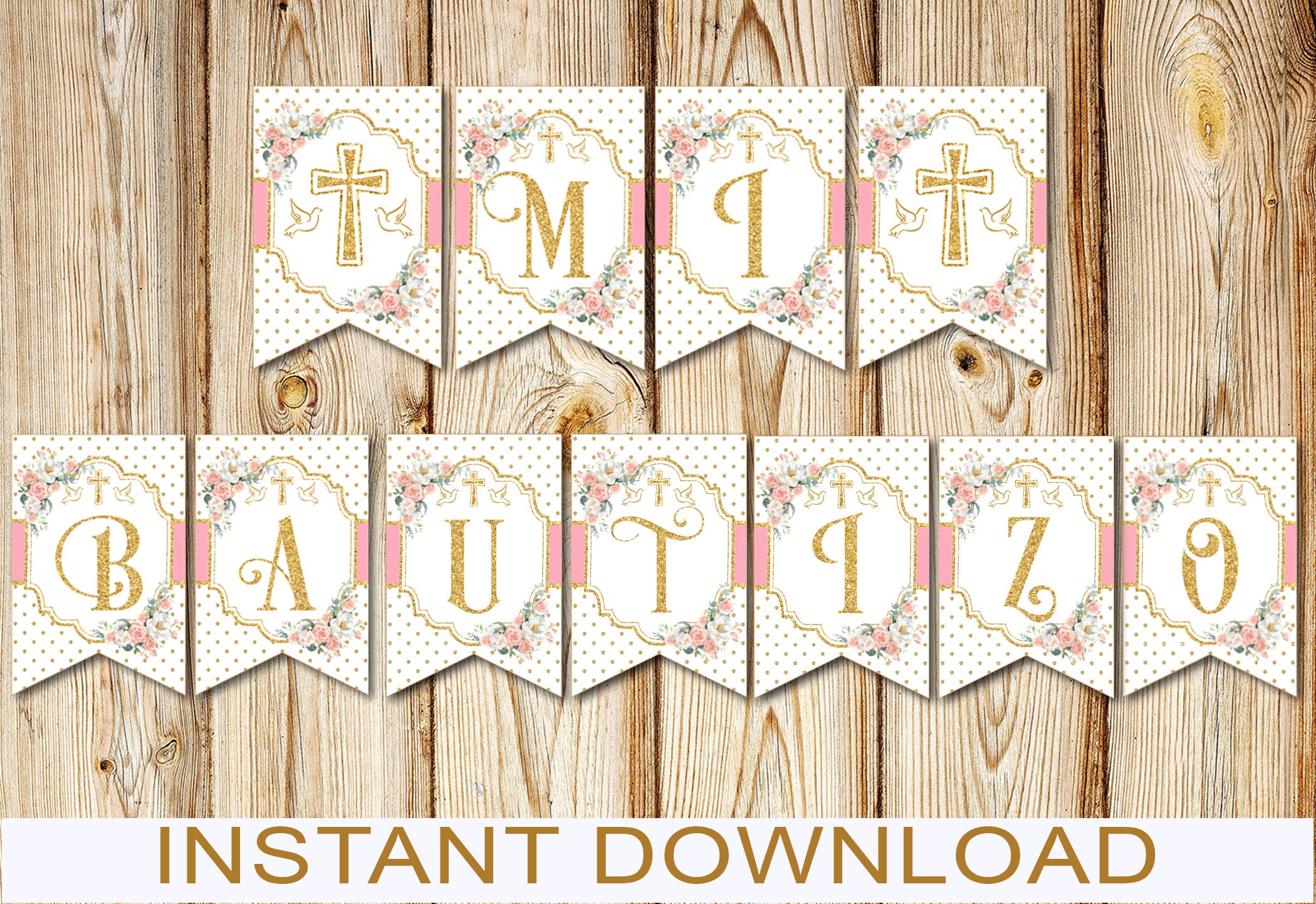Mi Bautizo Baptism Banner, Printable, Girl, Soft Pink Flowers, Gold Dots  5" x 7.5" each, Instant Download, Printable, DIY