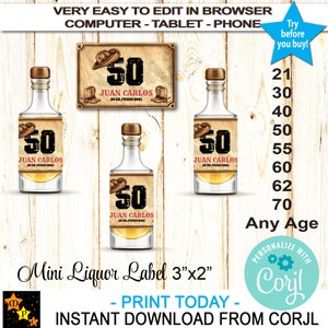 Mini Liquor Bottle Labels, Western Style, Any Age, Any Language,  Editable, Instant Download, DIY, Birthday, Printable, Edit in Corjl, ML101