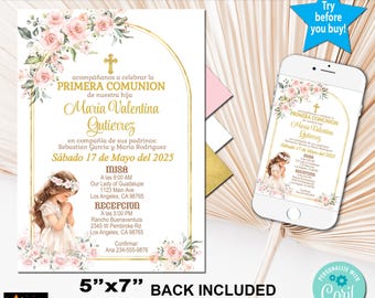 First Communion Invitation Pink Roses Gold Spanish Printable 5x7 (Digital Download)