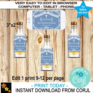 Etiketten voor mini-drankflesjes doop, Blue Barro-thema, bewerkbaar, afdrukbaar, bewerken en downloaden in Corjl, 3 x 2 inch