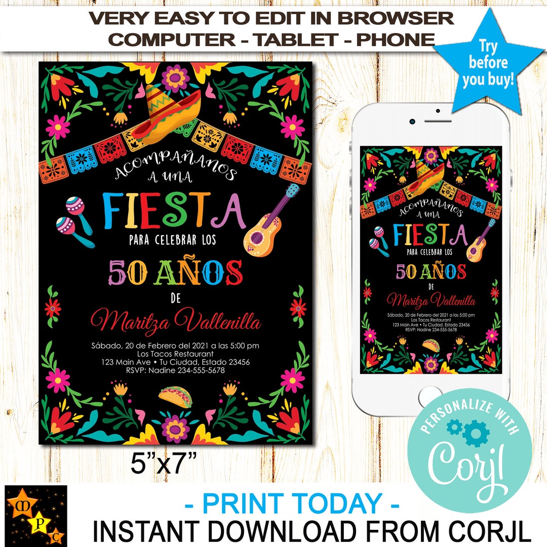 Spanish Birthday Invitation Mexican Theme, Any Age, Instant Download