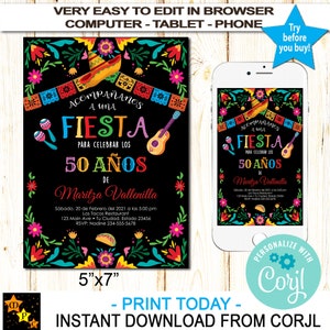 Spanish Birthday Invitation Mexican Theme, Any Age, Instant download from Corjl, Editable in Corjl, DIY, Print Today, 5"x7"