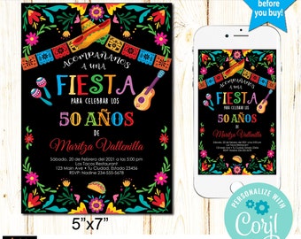 Spanish Birthday Invitation Mexican Theme, Any Age, Instant download from Corjl, Editable in Corjl, DIY, Print Today, 5"x7"