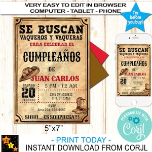 Western Cowboy Rustikal Invitacion Vaquera Geburtstagseinladung, ohne Alter, Bearbeiten und Herunterladen in Corjl, Printable, 5 x 7
