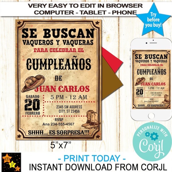 Spanish Western Cowboy Rustic Invitacion Vaquera Birthday Invitation, No Age, Edit and Download in Corjl, Printable, 5x7