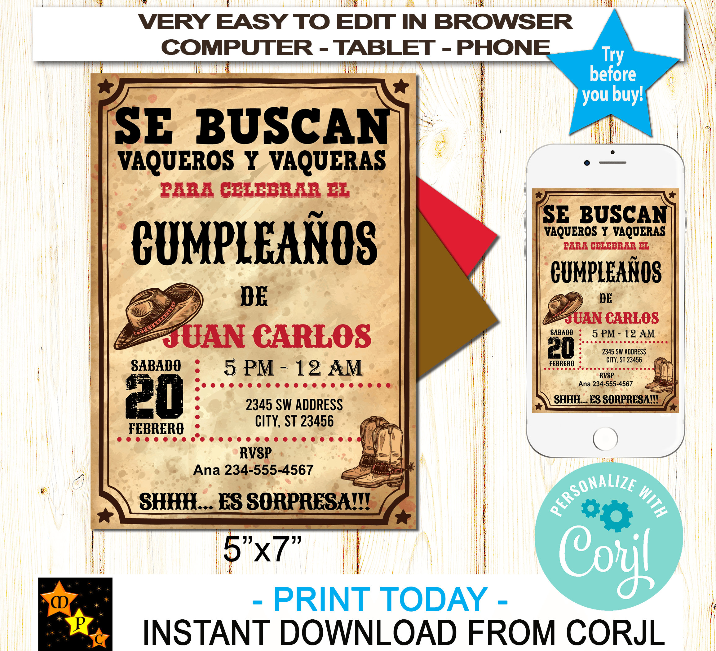 Spanish Western Cowboy Rustic Birthday Invitation No Age Etsy España