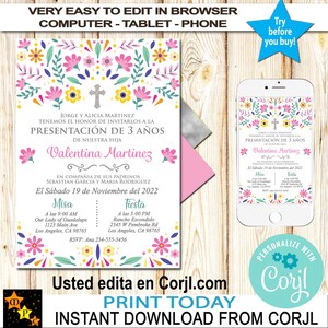 Editable Spanish Presentation Invitation 3 years Presentación 3 años Pink Mexican Flowers Editable in Corjl Printable 5x7