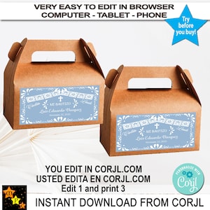 Labels doopgeschenkdoos, stoffige blauwe talavera, Cielito Lindo, bewerkbaar (digitale download)