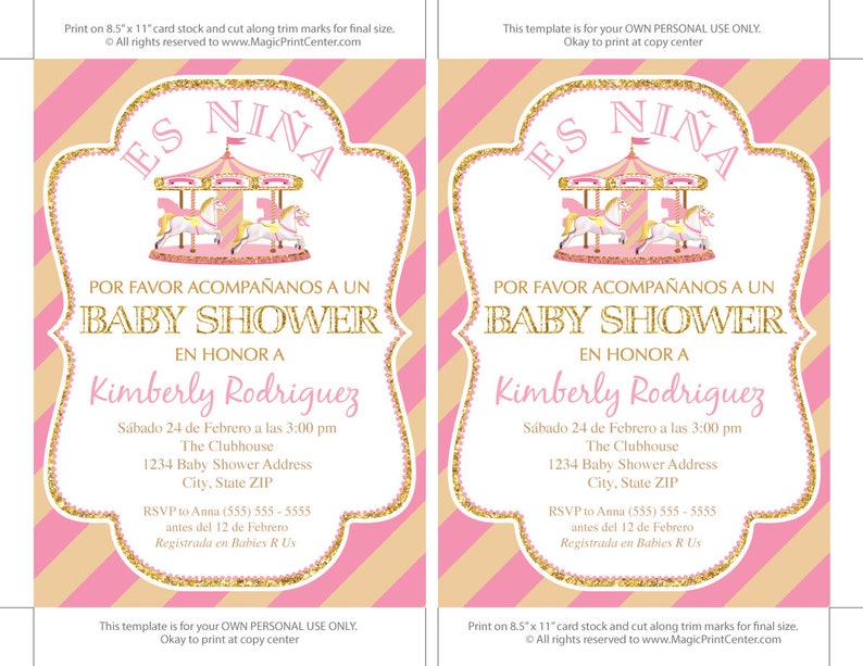Spanish Baby Shower Invitation Girl Pink and Gold Carousel Etsy