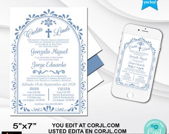 Baptism & 1st Communion Invitation, Bautizo y Primera Comunión, Blue Talavera, Editable, Printable, Corjl, 5x7