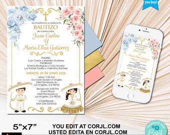 Spanish Baptism Invitation, Twins, Siblings, Hermanos, Gemelos, Blue Pink Gold Editable (Digital Download)