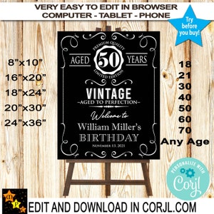 Welcome Sign, Editable ,Aged to Perfection, Whiskey Label, 5 Sizes. 8x10, 16x20, 18x24, 20x30, 24x36 Editable in Corjl, Download from Corjl